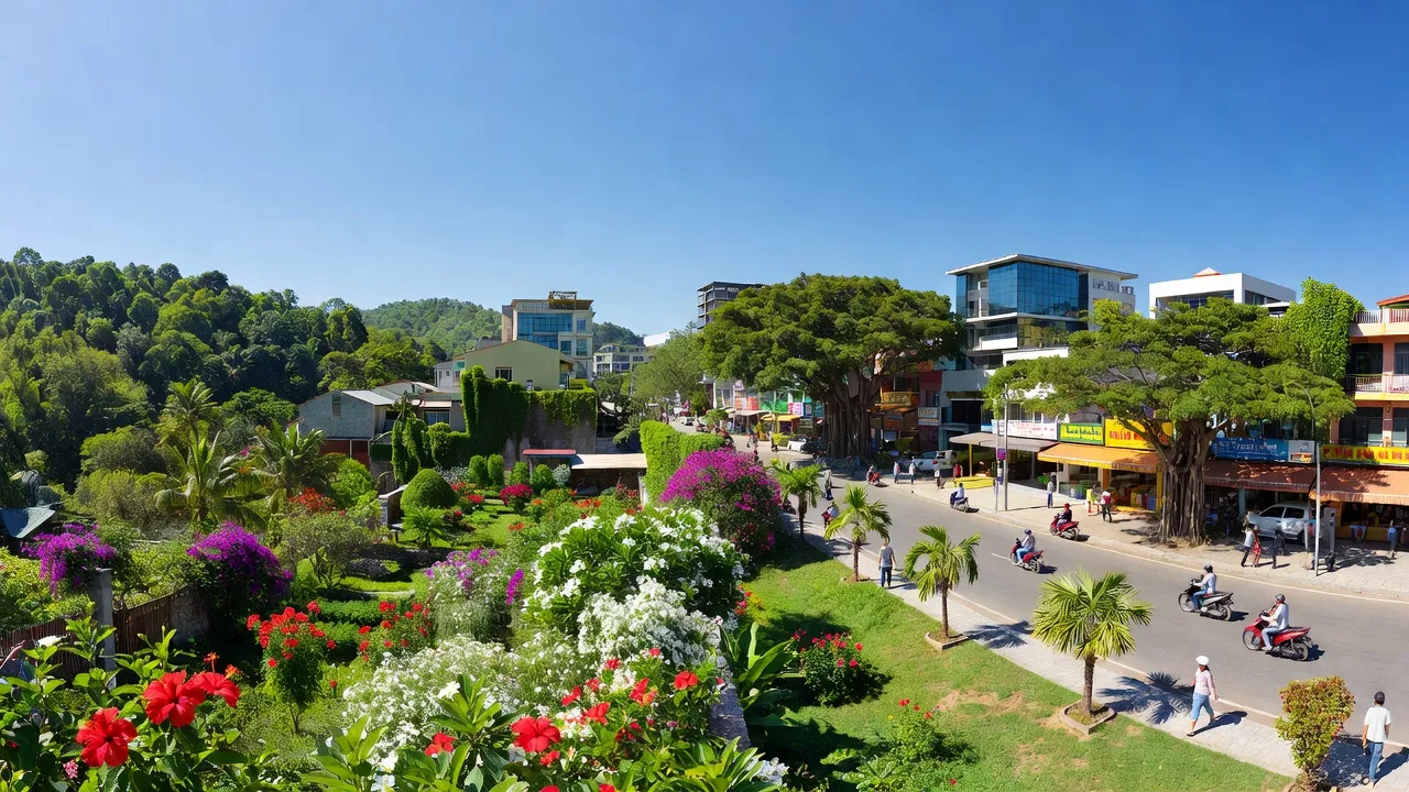 Khung cảnh sôi động tại Phường Nghĩa Thành, Thành phố Gia Nghĩa, Đắk Nông, với hoa và cây xanh.