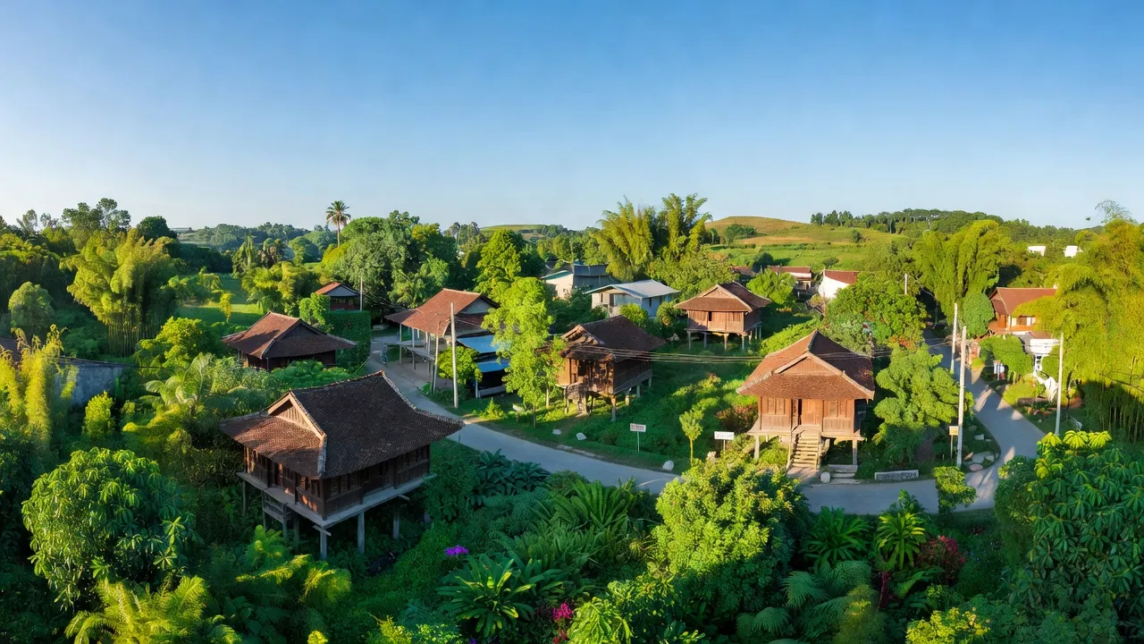Khung cảnh Phường Nghĩa Trung, Thành phố Gia Nghĩa, tỉnh Đắk Nông với kiến trúc truyền thống và cây xanh.