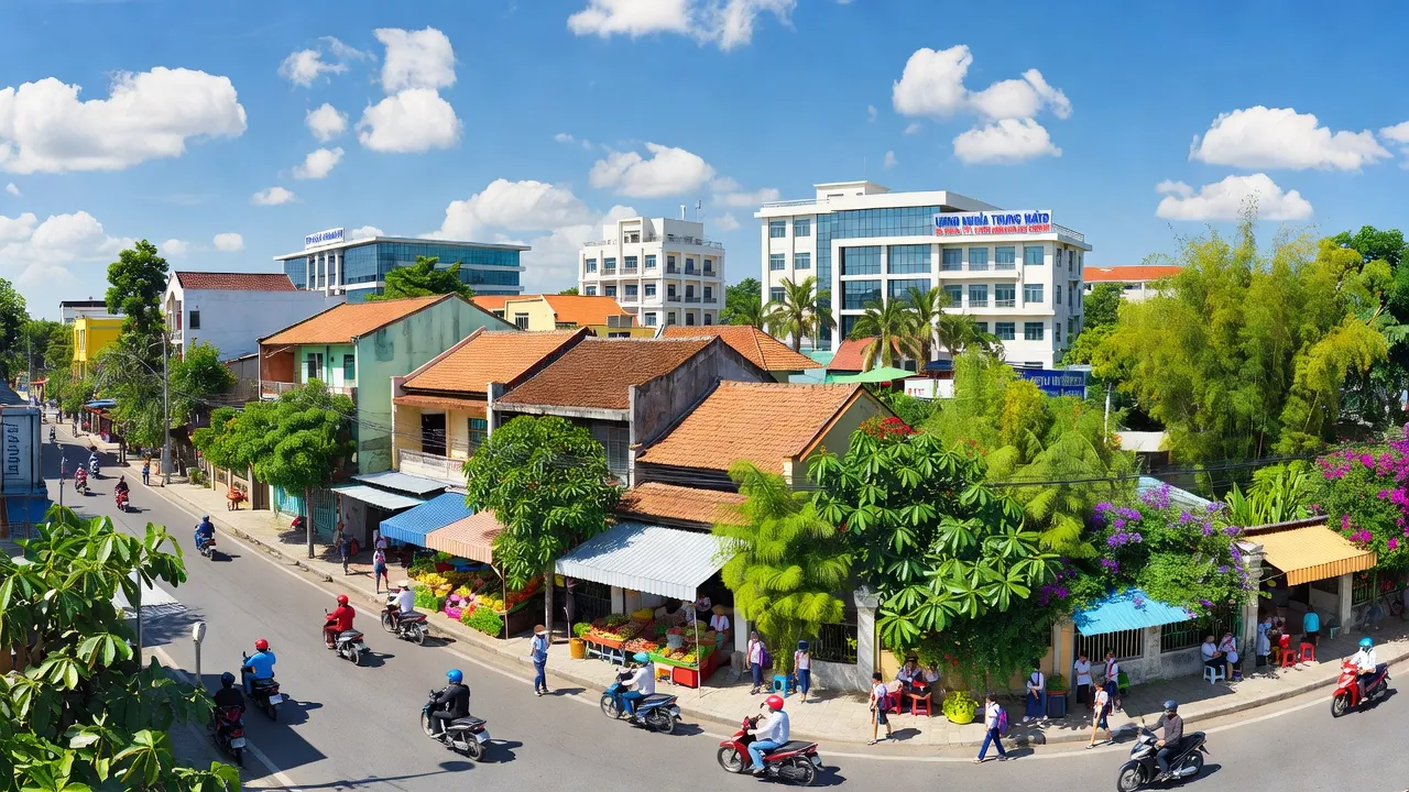 Khung cảnh Phường Nghĩa Trung, Thành phố Gia Nghĩa với kiến trúc, cây xanh, và cuộc sống đường phố sôi động.