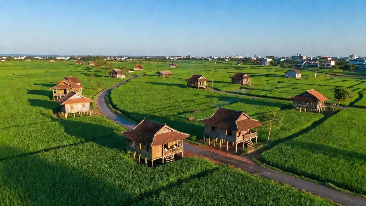 Phong cảnh phường Quảng Thành, Thành phố Gia Nghĩa, tỉnh Đắk Nông với nhà truyền thống và cánh đồng xanh.