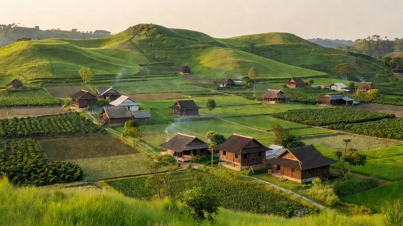 Cảnh vẻ đẹp xã Buôn Choah, huyện Krông Nô, Đắk Nông với đồi núi, nông trại và nhà gỗ truyền thống.