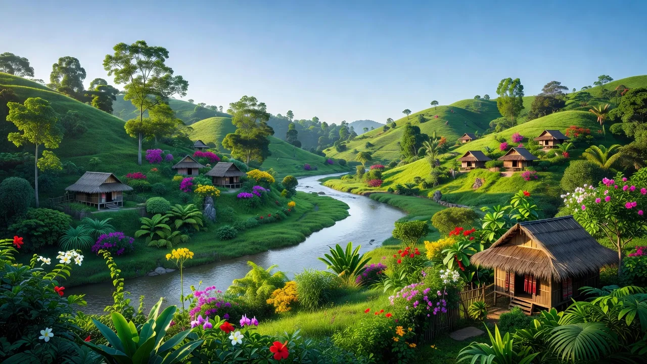 Phong cảnh xã Đắk Drô, huyện Krông Nô, Đắk Nông với đồi núi, sông suối và nhà cửa truyền thống.