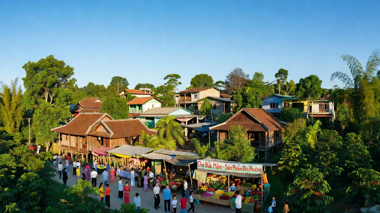 Khung cảnh thị trấn Đắk Mâm, huyện Krông Nô, tỉnh Đắk Nông đầy sắc màu sống động và cây cỏ.
