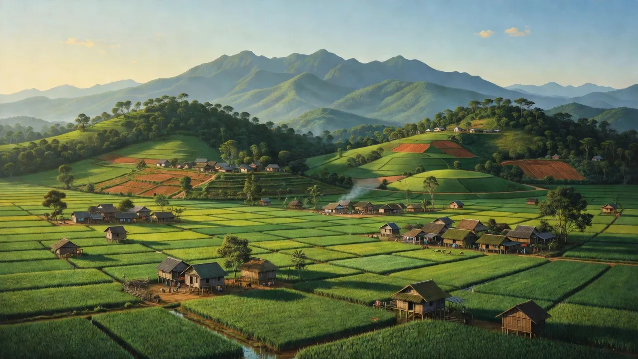 Phong cảnh xã Đắk Nang, huyện Krông Nô, tỉnh Đắk Nông với cánh đồng và núi non xanh mướt.