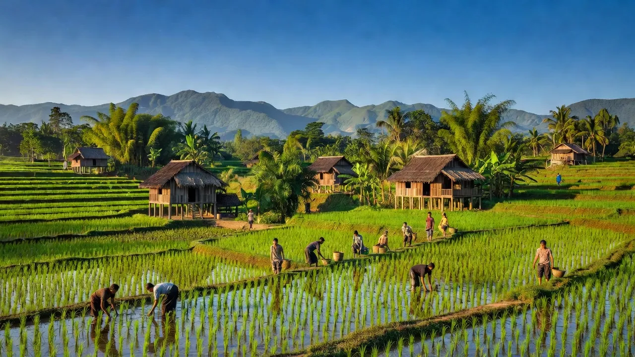Khung cảnh nông thôn Đắk Sôr, Krông Nô, Đắk Nông với cánh đồng xanh và nhà gỗ truyền thống.