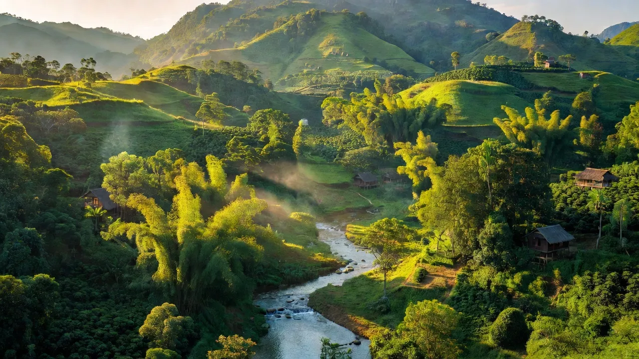 Khung cảnh xã Nam Đà, huyện Krông Nô, Đắk Nông với đồi núi xanh và dòng suối trong lành.