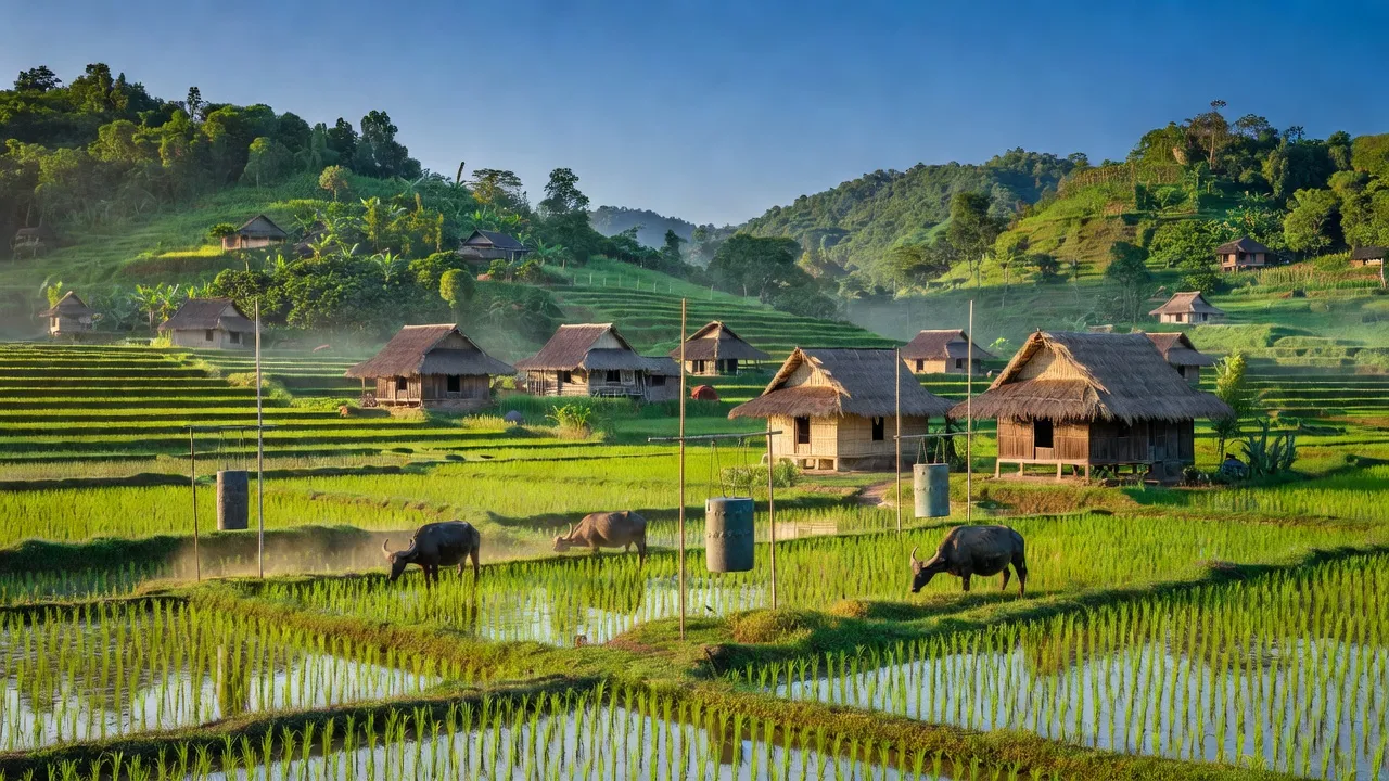 Cảnh quan Nâm N'Đir, huyện Krông Nô, tỉnh Đắk Nông, với ruộng bậc thang và nhà truyền thống.