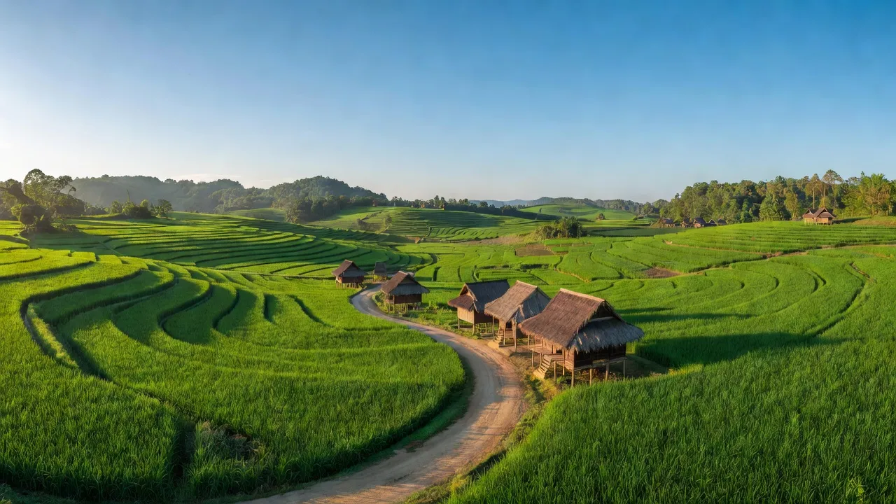 Khung cảnh xã Nâm N'Đir, huyện Krông Nô, tỉnh Đắk Nông với cánh đồng xanh, nhà truyền thống.