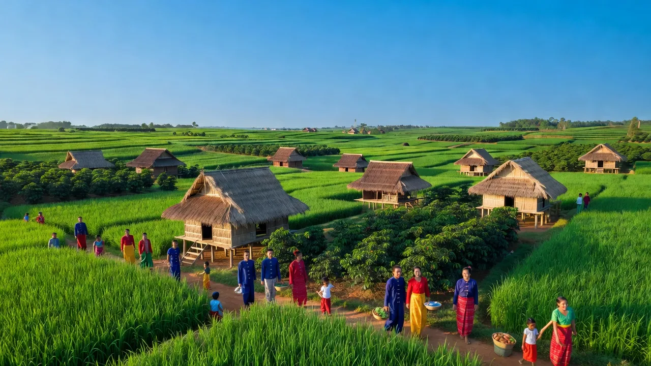 Toàn cảnh xã Nâm Nung, huyện Krông Nô, Đắk Nông với cánh đồng xanh và nhà truyền thống.