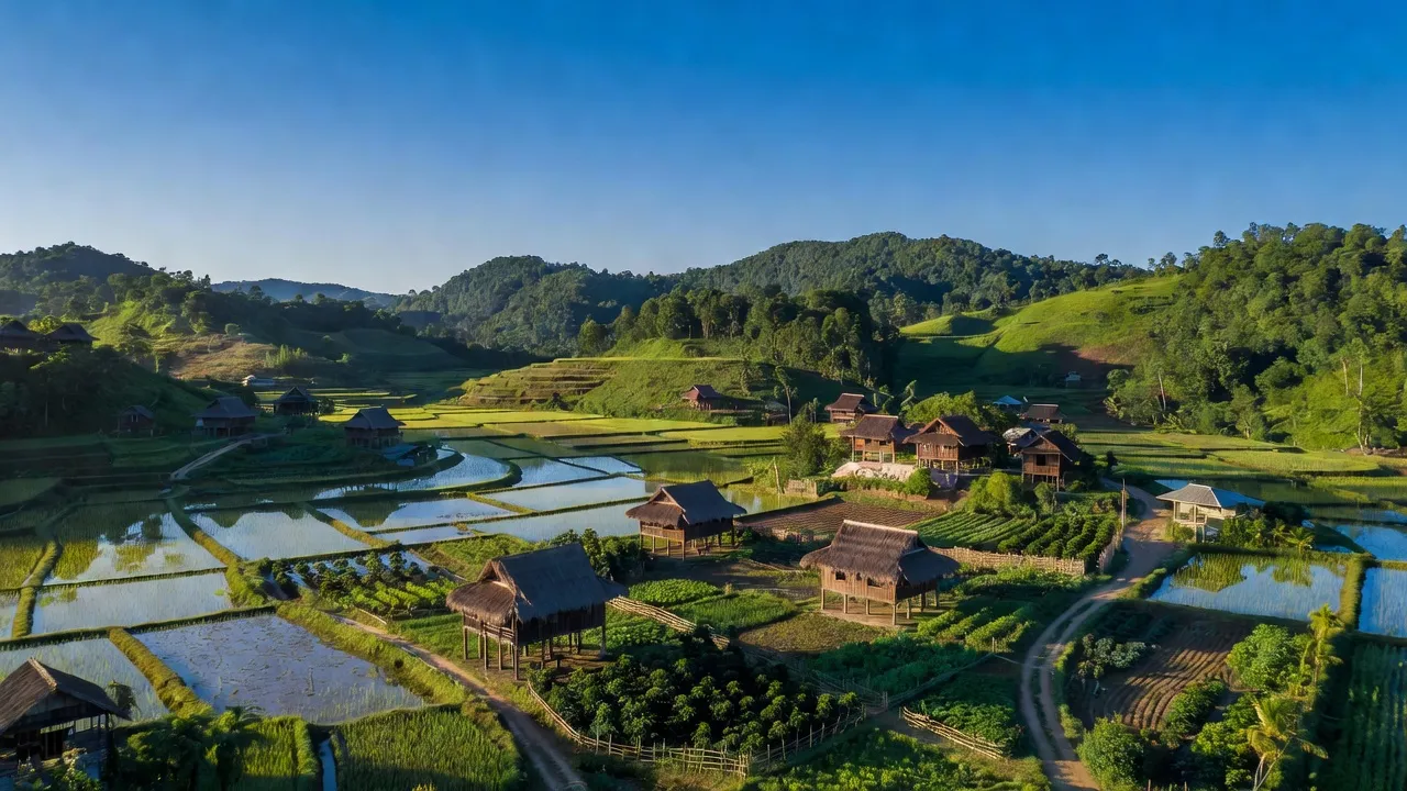 Quang cảnh xã Nam Xuân, huyện Krông Nô, tỉnh Đắk Nông với đồi núi xanh tươi và ruộng lúa.