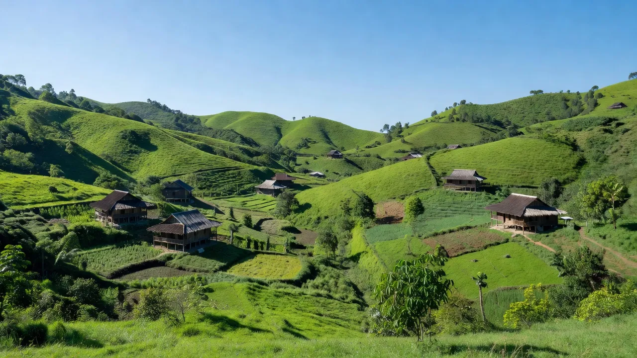 Quang Phu commune in Krong No, Dak Nong with green hills and traditional houses.