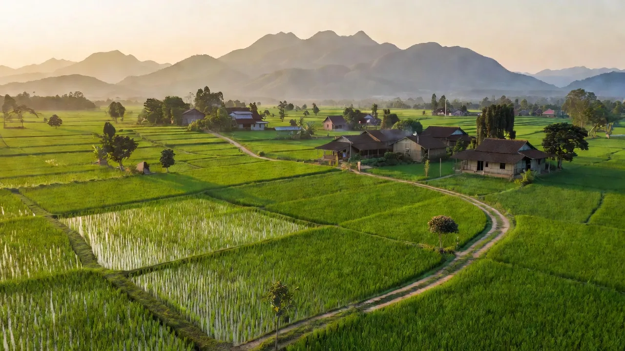 Cảnh quan xã Tân Thành, huyện Krông Nô, Đắk Nông với đồng cỏ và thôn xóm đẹp mắt.