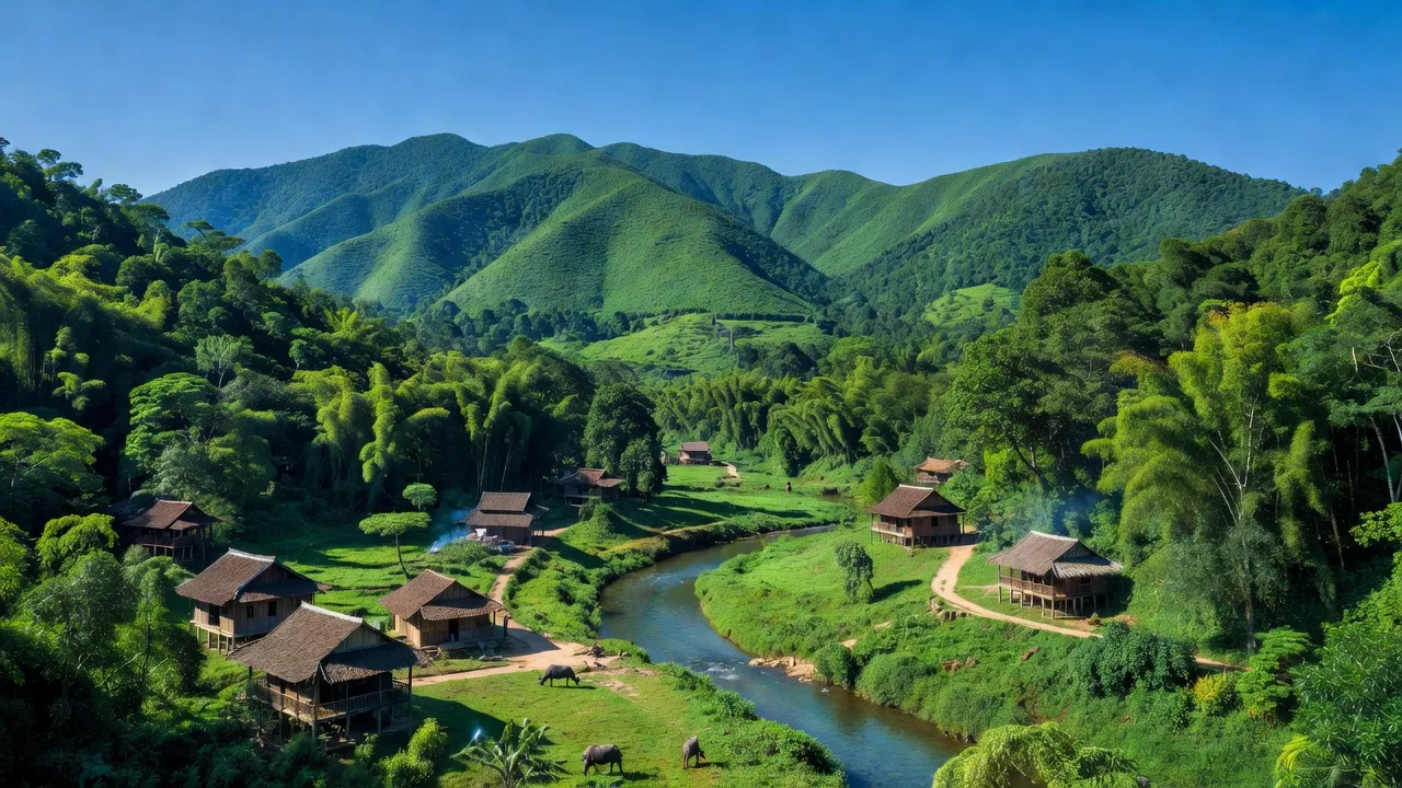 Cảnh quan huyện Tuy Đức, Đắk Nông với núi xanh, rừng rậm, và cuộc sống nông thôn bình yên.
