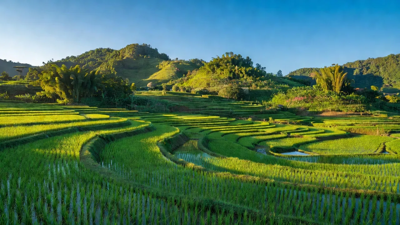 Cảnh đẹp xã Đắk R'Tíh, huyện Tuy Đức với cánh đồng và đồi xanh tươi, khí hậu đặc trưng Tây Nguyên.
