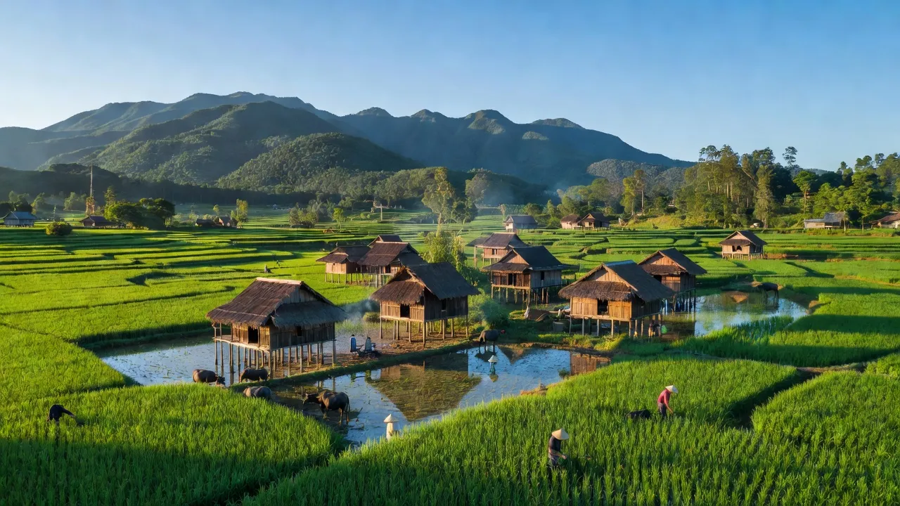 Quang Tan village in Tuy Duc, Dak Nong, featuring green fields and stilt houses under blue sky.