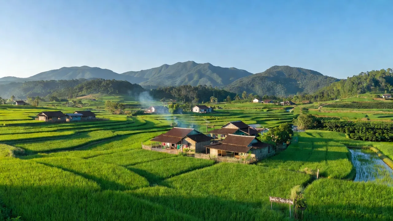 Quang Truc commune Tuy Duc Dak Nong, lush green fields and traditional village houses under blue sky.