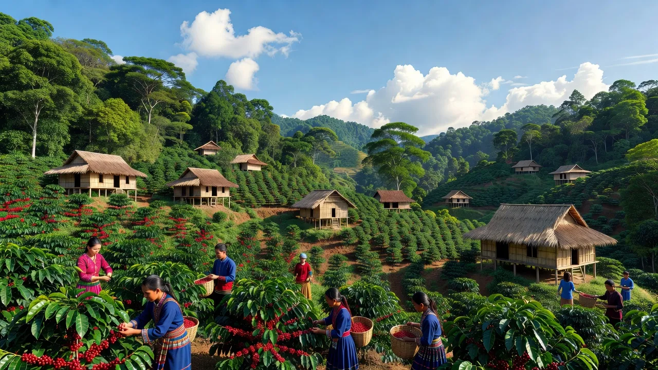 Cảnh quan tỉnh Đắk Nông, Tây Nguyên với đồi núi xanh, rừng rậm, và đồn điền cà phê.