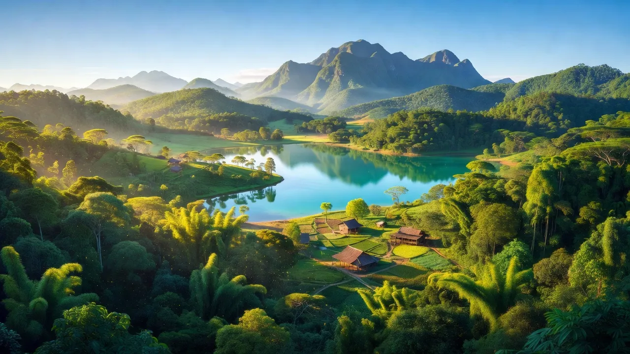 Khung cảnh thiên nhiên tỉnh Đắk Nông, Tây Nguyên với rừng xanh, hồ nước và núi non hùng vĩ.