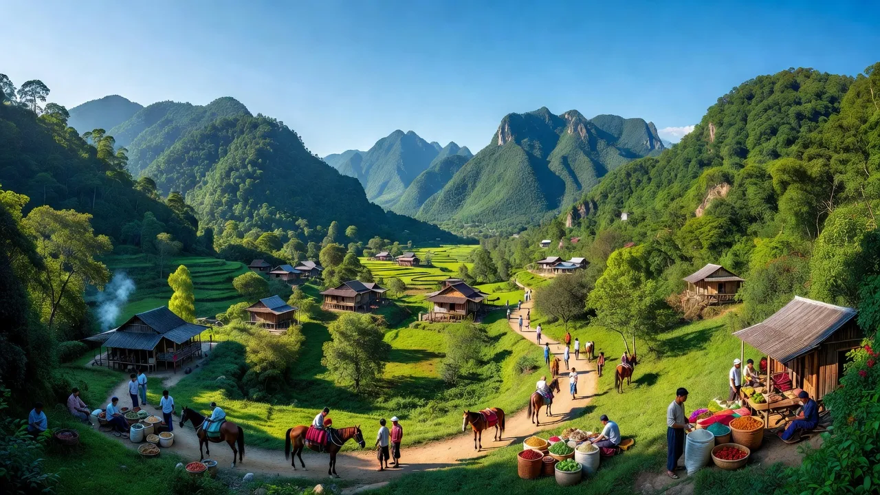Cảnh sắc huyện Điện Biên Đông, tỉnh Điện Biên với núi rừng và bản làng bên cạnh biên giới Lào.