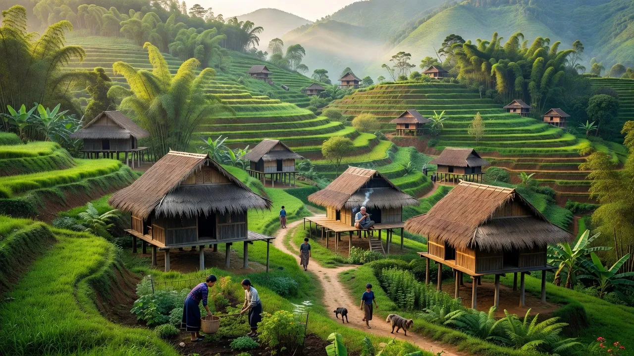 Cảnh quan yên bình xã Háng Lìa, huyện Điện Biên Đông, với nhà sàn truyền thống và đồi núi xanh.