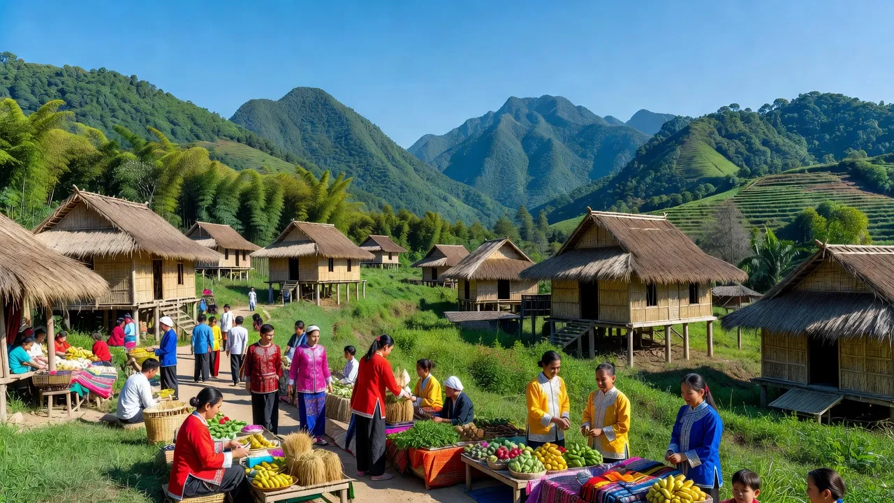 Cảnh quan Xã Keo Lôm, huyện Điện Biên Đông với nhà truyền thống và chợ vùng cao.