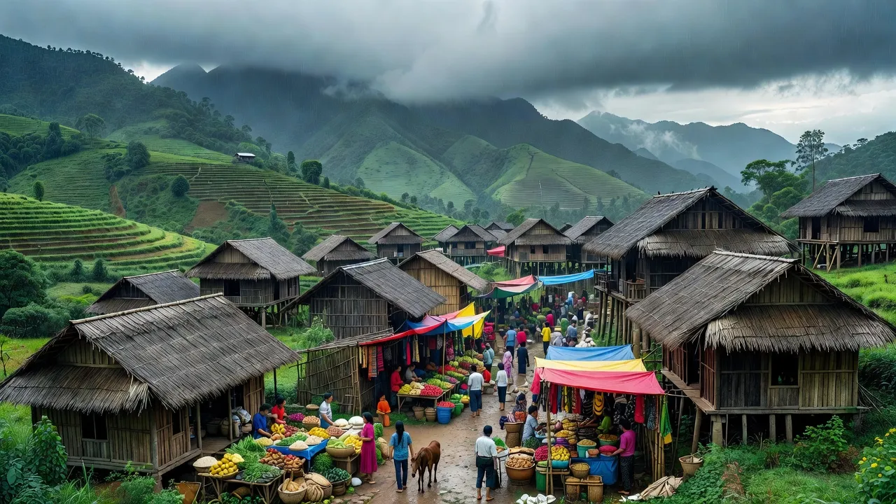 Phong cảnh xã Keo Lôm, huyện Điện Biên Đông, với núi xanh, nhà truyền thống và không khí chợ sôi động.