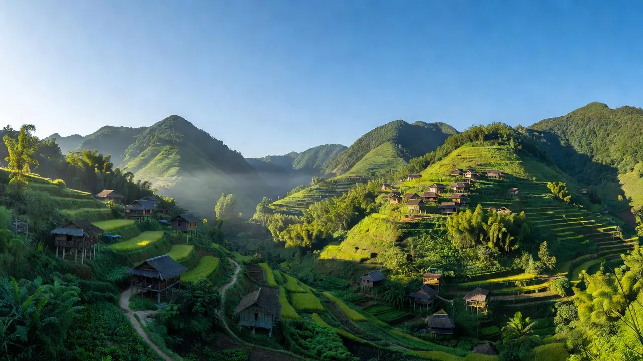 Cảnh đẹp xã Luân Giới, huyện Điện Biên Đông với núi rừng và nhà truyền thống.