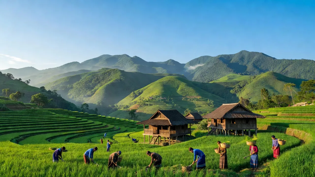 Khung cảnh Xã Luân Giới, huyện Điện Biên Đông với núi xanh và bầu trời trong xanh.