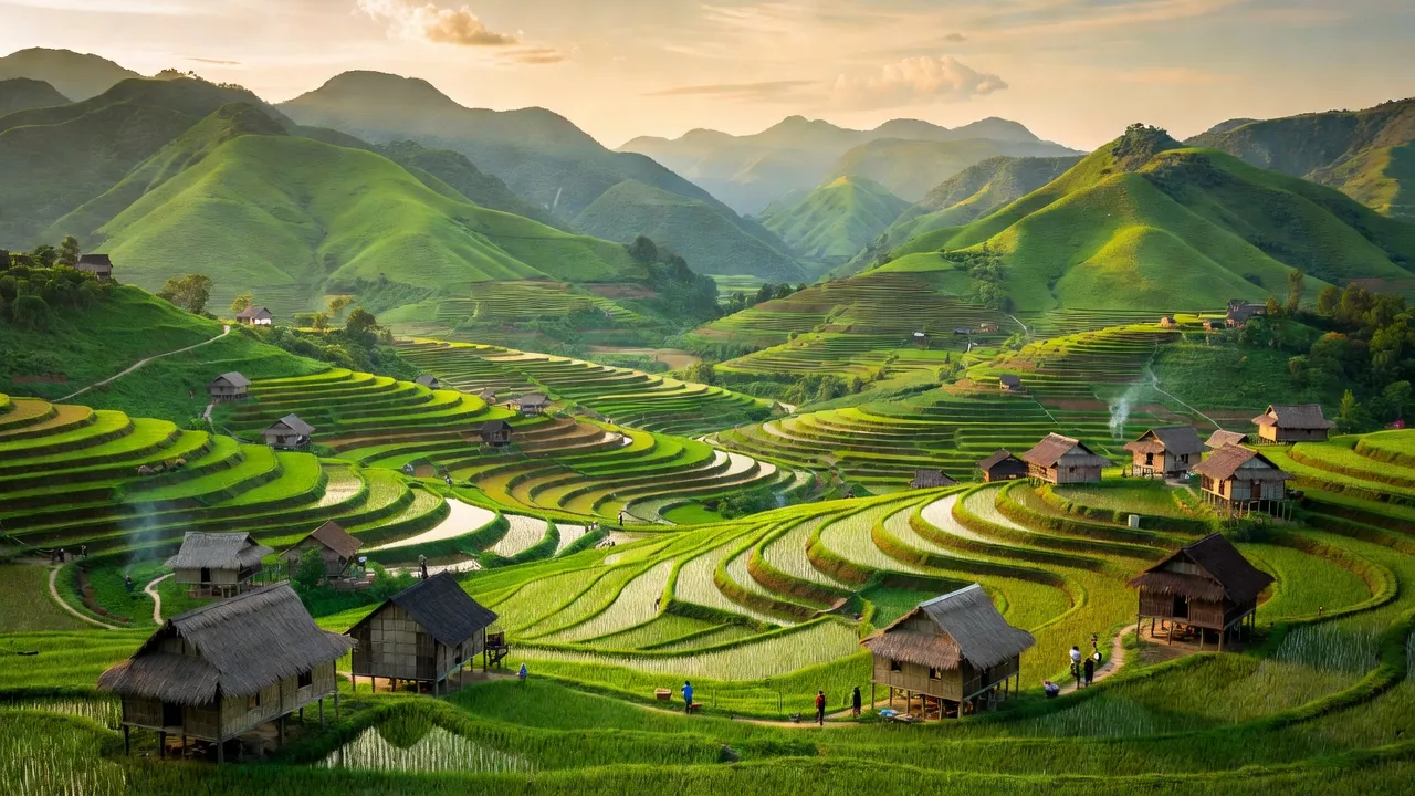 Khung cảnh thiên nhiên xã Mường Luân, Điện Biên với núi non và nhà truyền thống người Thái.