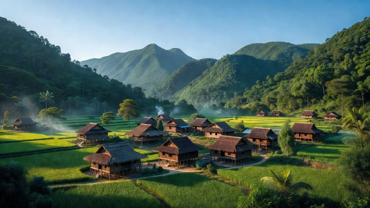 Khung cảnh xanh tươi của Mường Luân, huyện Điện Biên Đông, nổi bật với nhà gỗ và núi non.