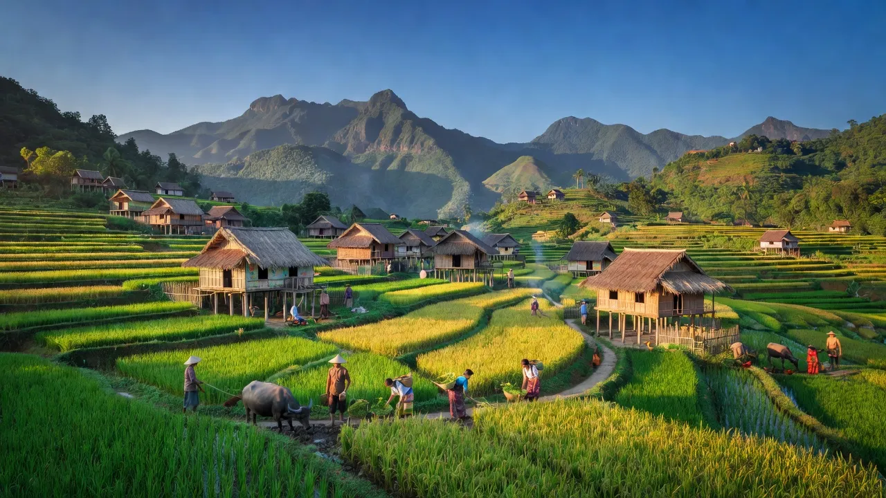 Cảnh đẹp xã Na Son, huyện Điện Biên Đông, tỉnh Điện Biên với ruộng bậc thang và nhà truyền thống.