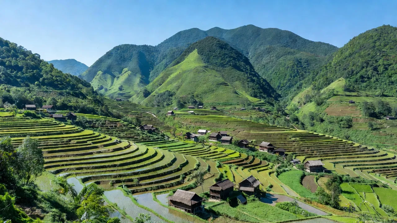Phong cảnh Xã Nong U, Huyện Điện Biên Đông, với núi xanh, ruộng bậc thang và nhà gỗ truyền thống.