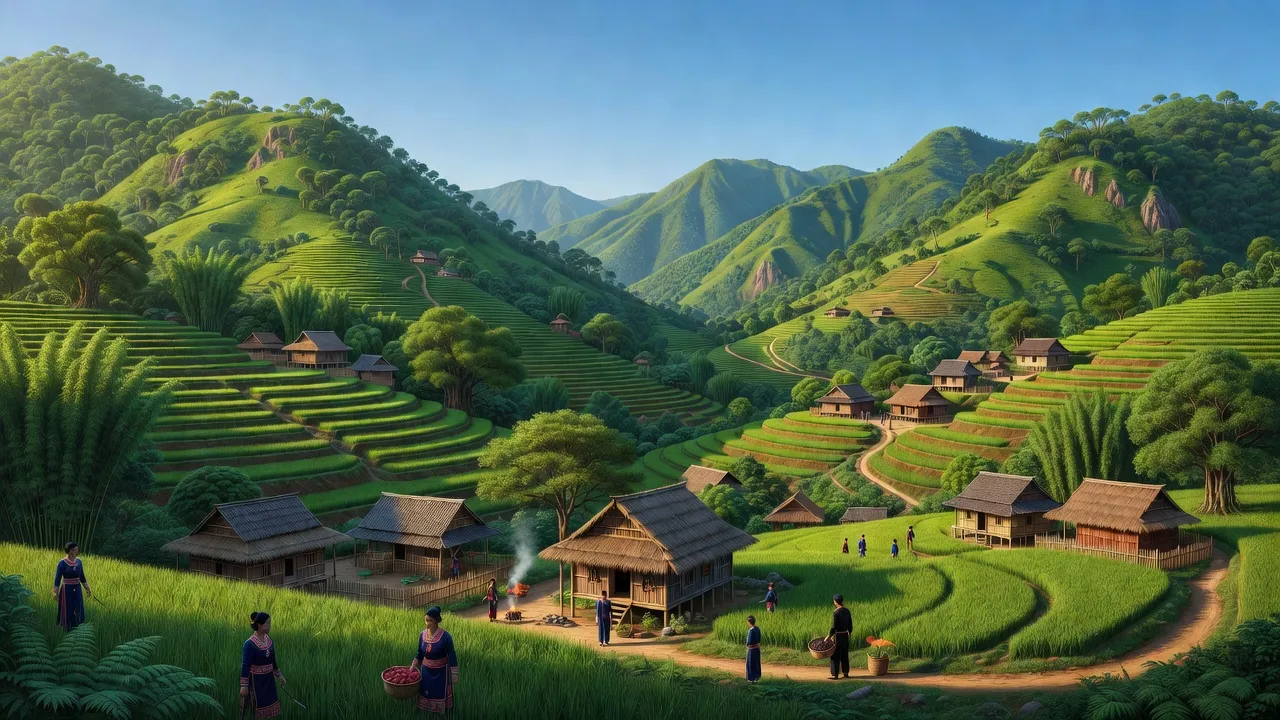 Khung cảnh núi non Phình Giàng, Điện Biên Đông với dân cư và thiên nhiên tươi đẹp.