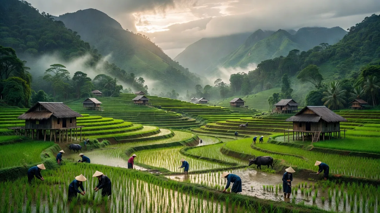 Tìa Dình village in Điện Biên Đông, lush mountains and local farmers working in rice fields.