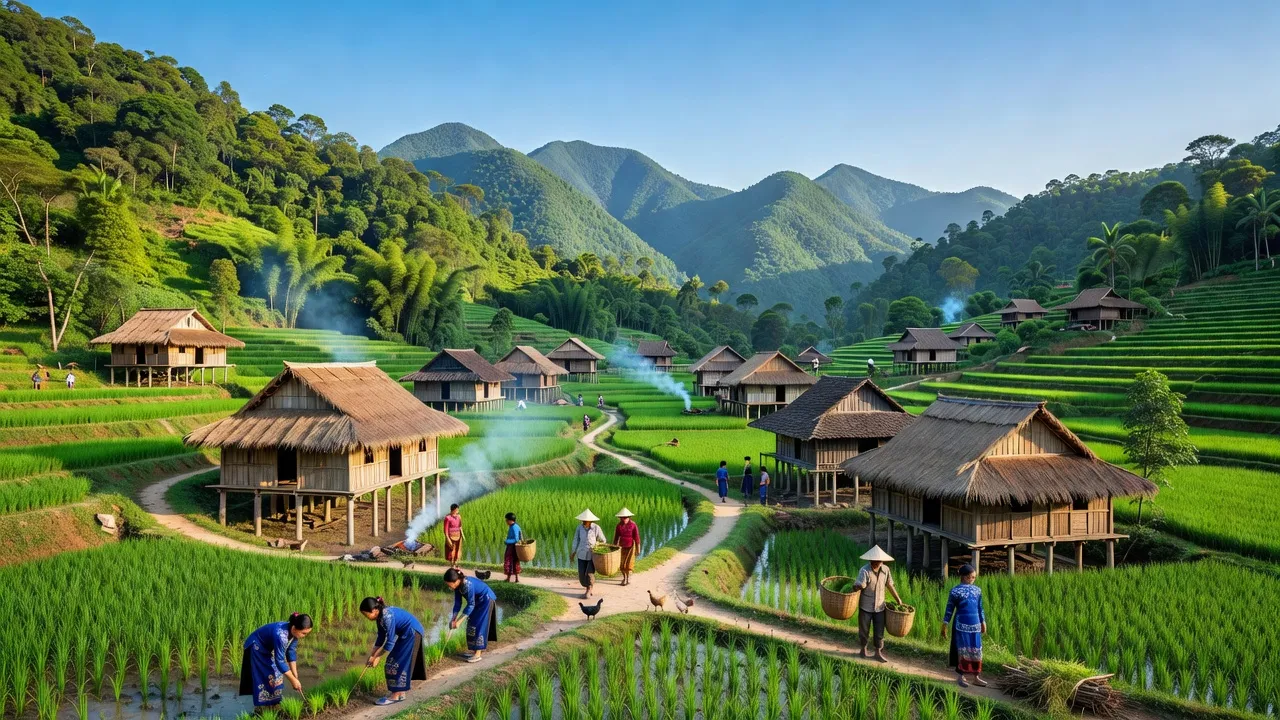 Xa Dung village in Dien Bien Dong, featuring traditional houses and lush mountains of Dien Bien.
