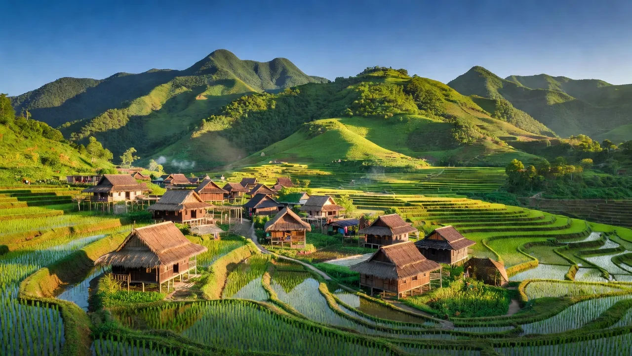 Xa Dung village in Dien Bien Dong, showcasing lush landscapes, rice fields, and local architecture.