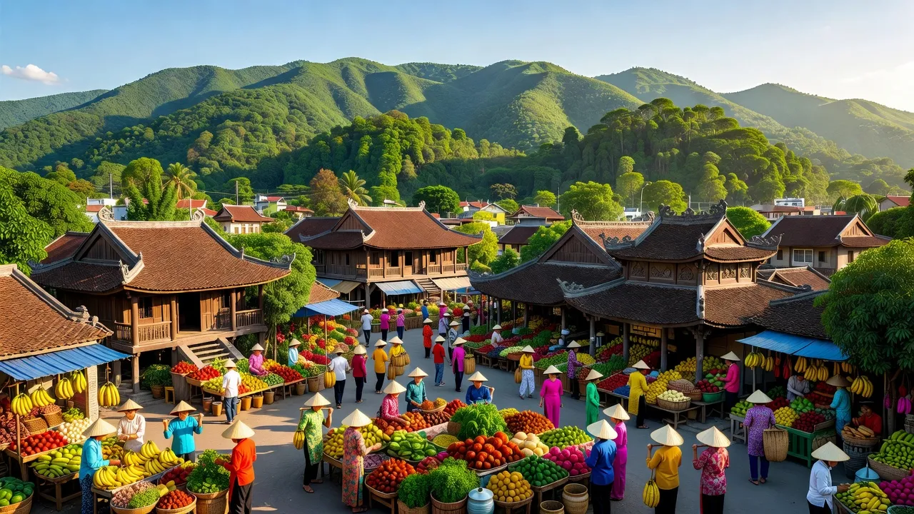 Thành phố Điện Biên Phủ với núi xanh, kiến trúc truyền thống và chợ địa phương nhộn nhịp.