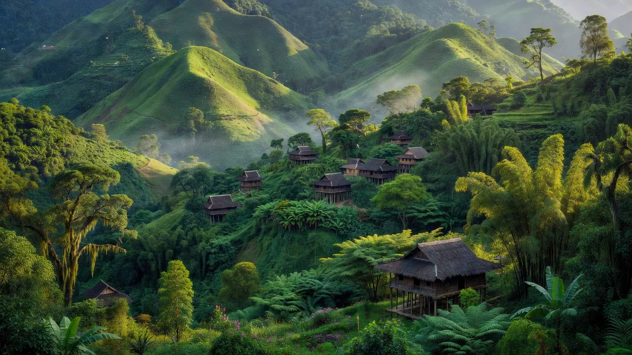 Khung cảnh xã Na Tông, huyện Điện Biên với núi rừng và nhà truyền thống, biểu tượng văn hóa Tây Bắc.