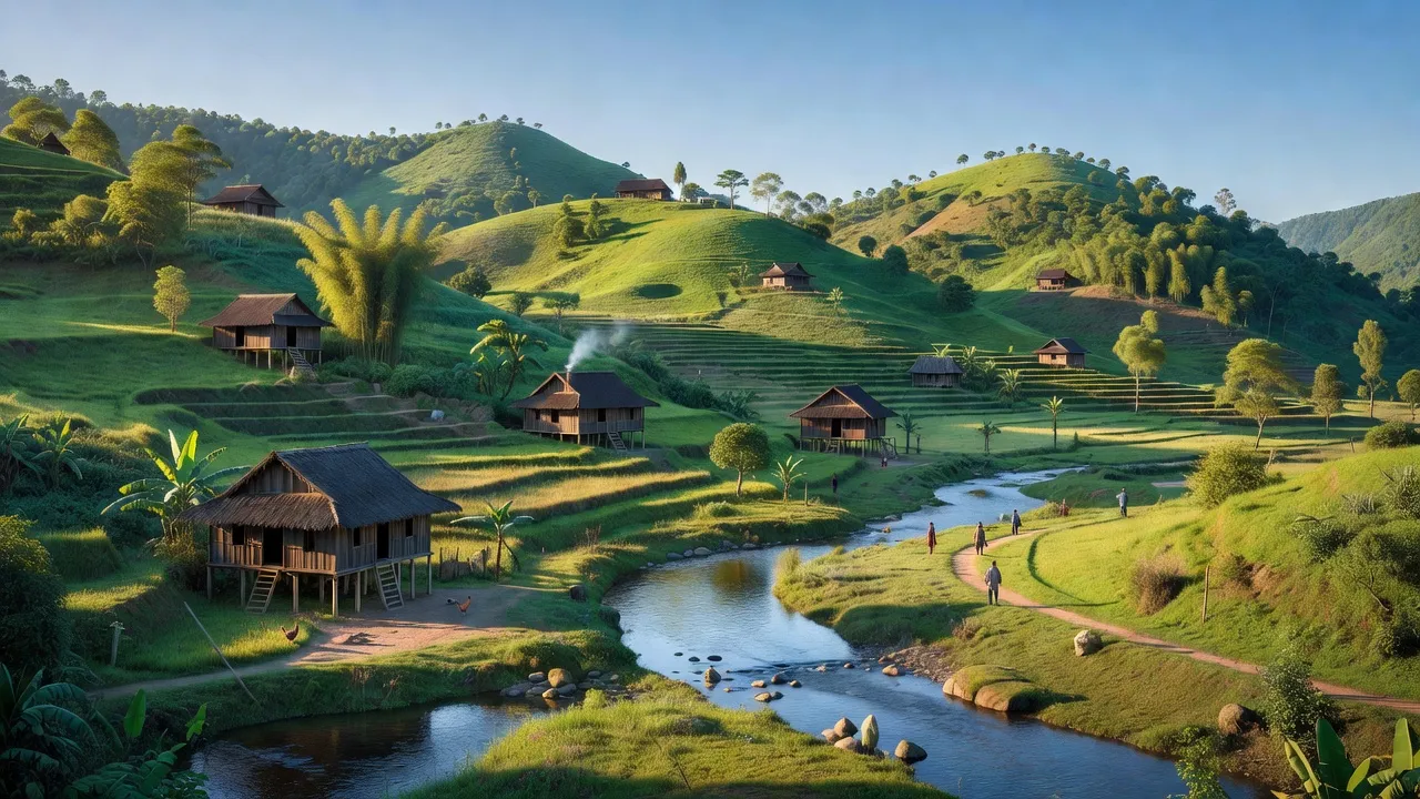 Cảnh quan Xã Pa Thơm, Điện Biên, với đồi núi xanh và nhà sàn truyền thống, thể hiện vẻ đẹp tự nhiên.