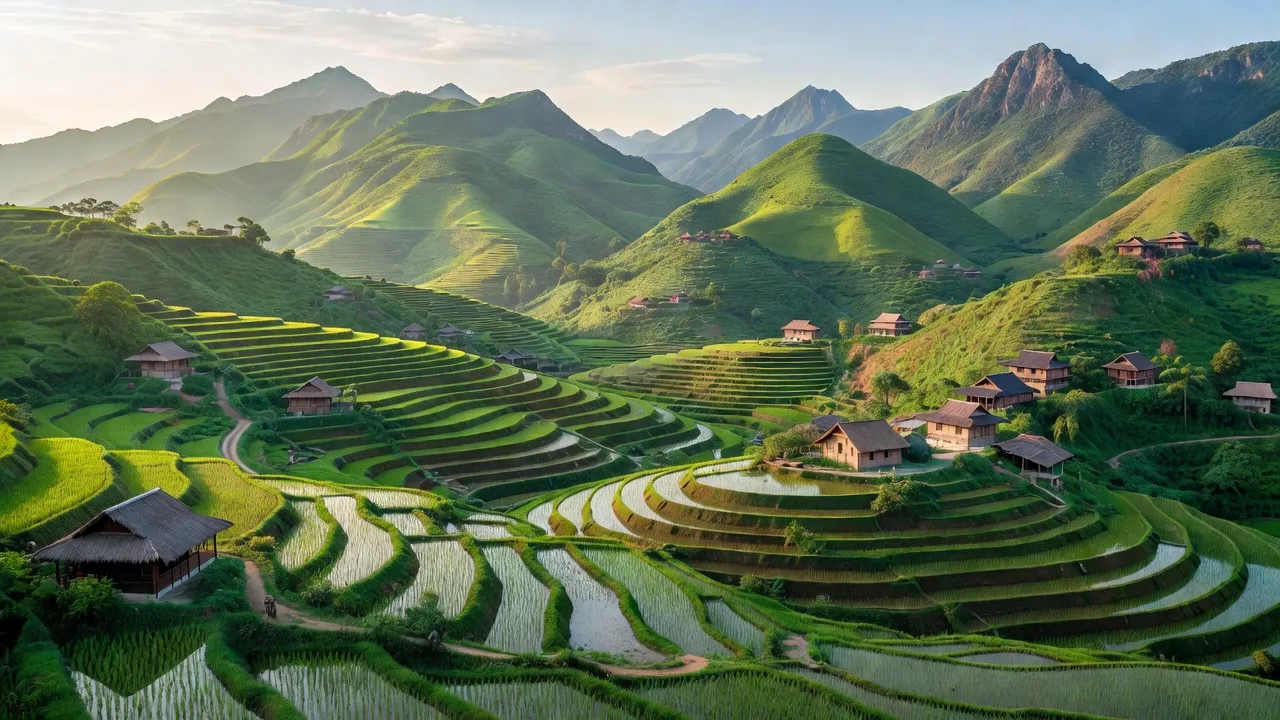 Cảnh sắc huyện Mường Ảng, Điện Biên với đồi núi, ruộng bậc thang và nhà truyền thống.