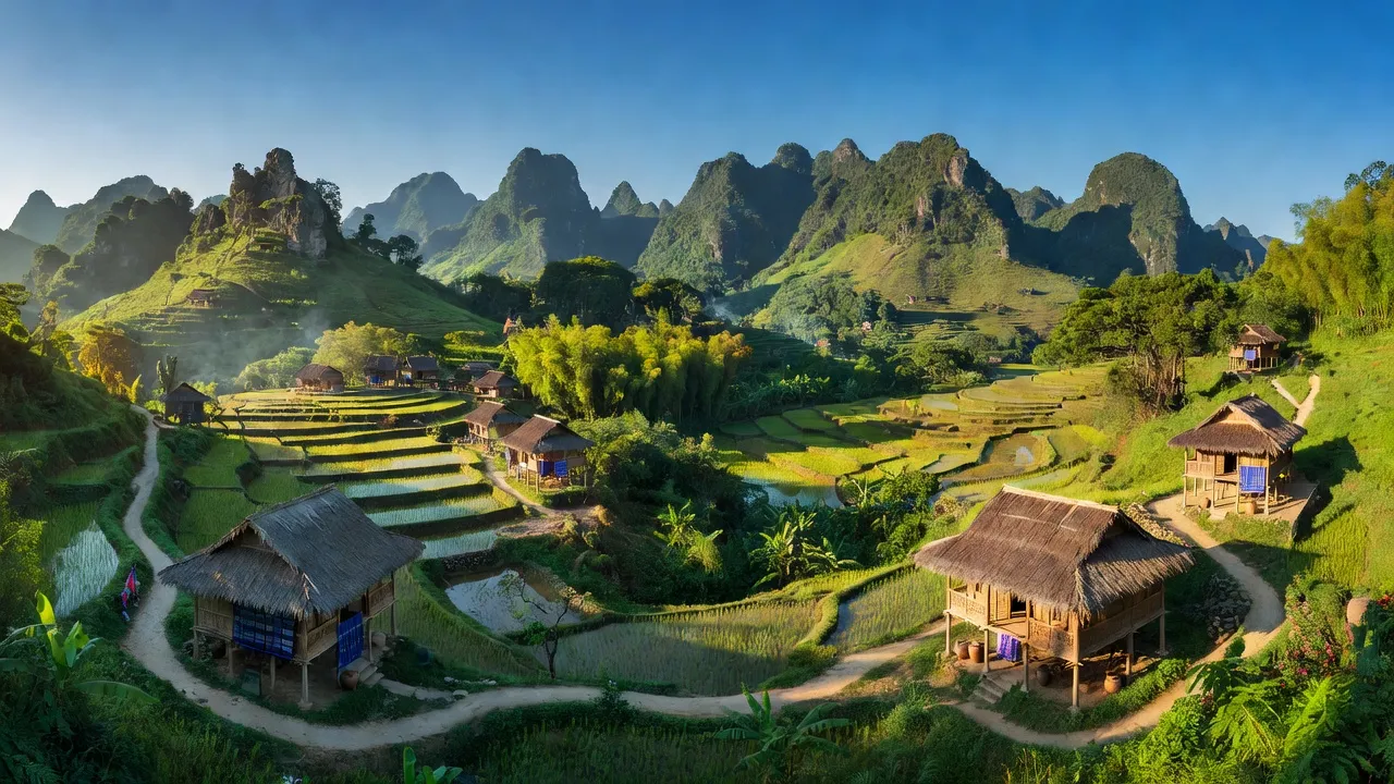 Khung cảnh Mường Ảng, tỉnh Điện Biên với đồi núi và làng bản truyền thống, thiên nhiên tươi đẹp.