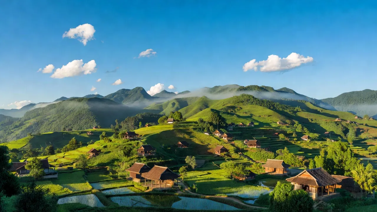 Khung cảnh huyện Mường Chà, tỉnh Điện Biên với núi xanh và nhà truyền thống Việt Nam.