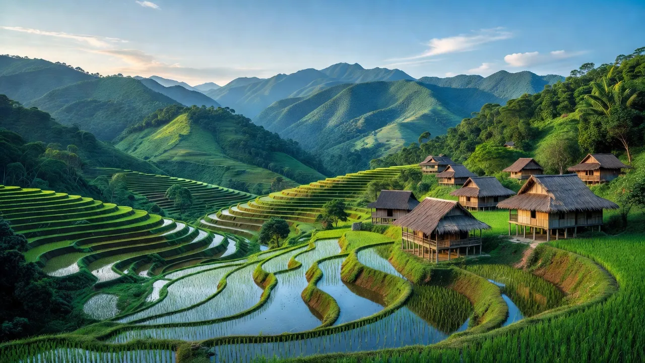Khung cảnh thiên nhiên tươi đẹp tại huyện Mường Chà, tỉnh Điện Biên, với núi non và ruộng bậc thang.