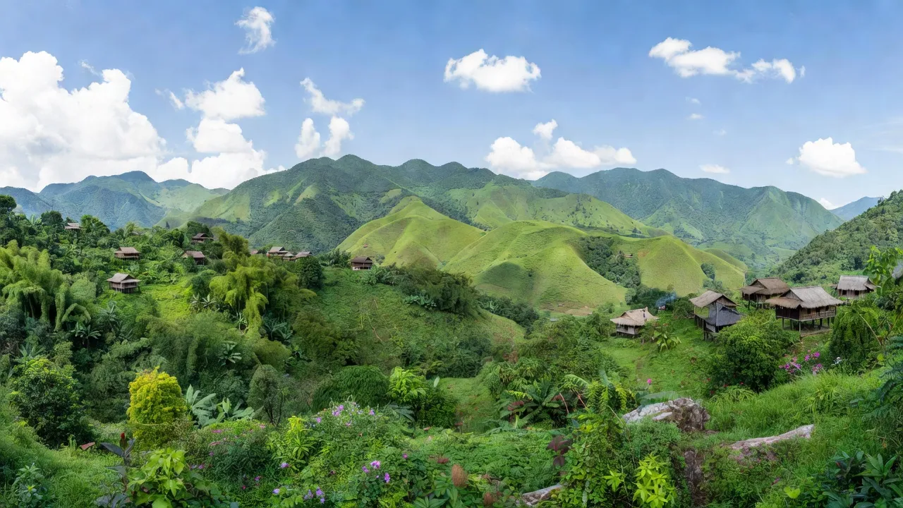 Cảnh quan huyện Mường Nhé, Điện Biên với núi xanh và nhà dân tộc bên biên giới Lào, Trung Quốc.