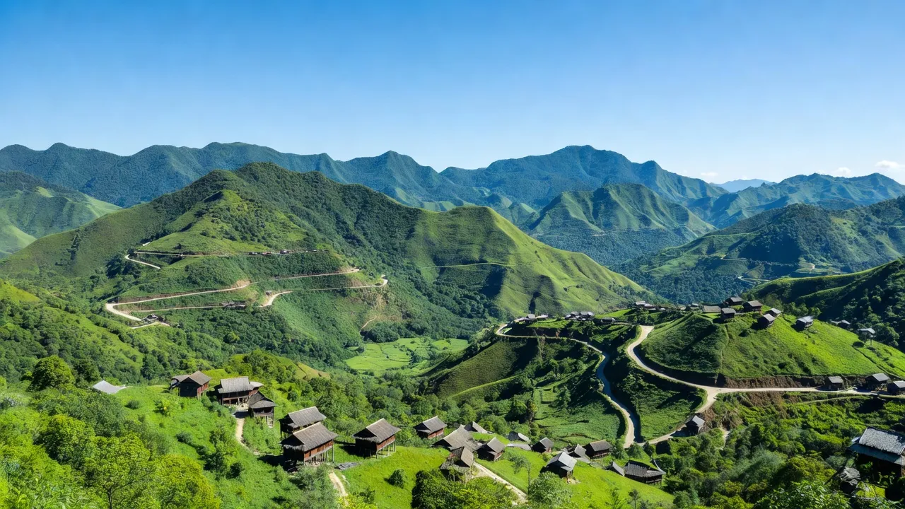 Cảnh quan hùng vĩ huyện Nậm Pồ, tỉnh Điện Biên với đồi núi xanh tươi và nhà sàn truyền thống.
