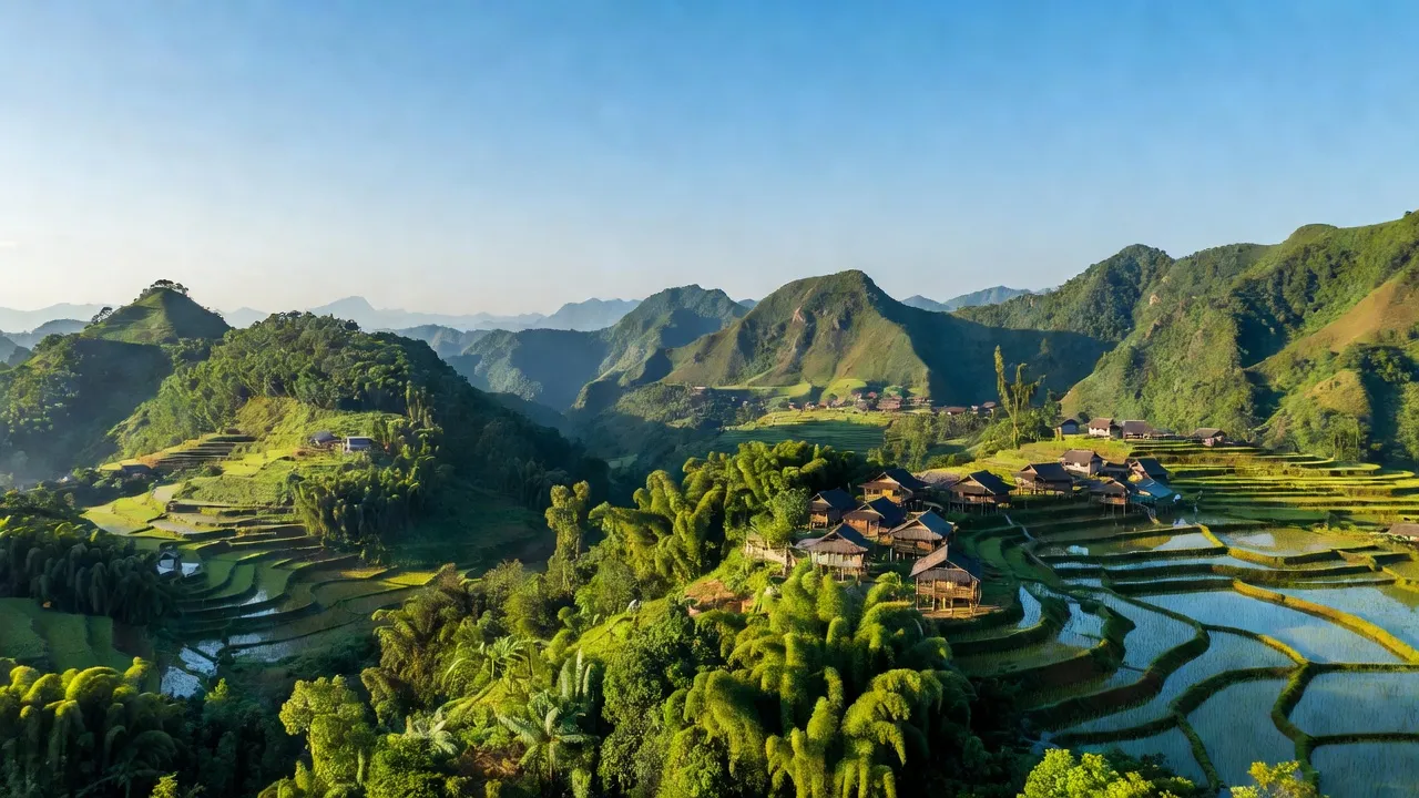 Toàn cảnh huyện Nậm Pồ, tỉnh Điện Biên, với núi non xanh tươi và bầu trời trong trẻo.