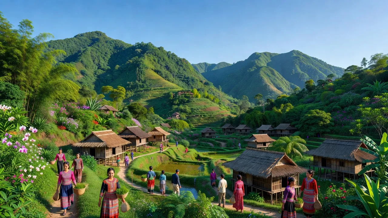 Khung cảnh tỉnh Điện Biên với núi xanh, làng bản truyền thống và văn hóa đa dạng.