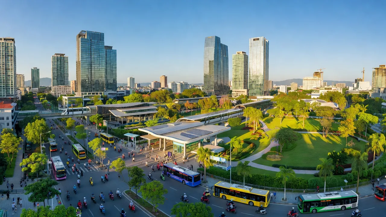 Biên Hòa city in Đồng Nai, featuring urban life, modern structures, and lush greenery under a clear sky.