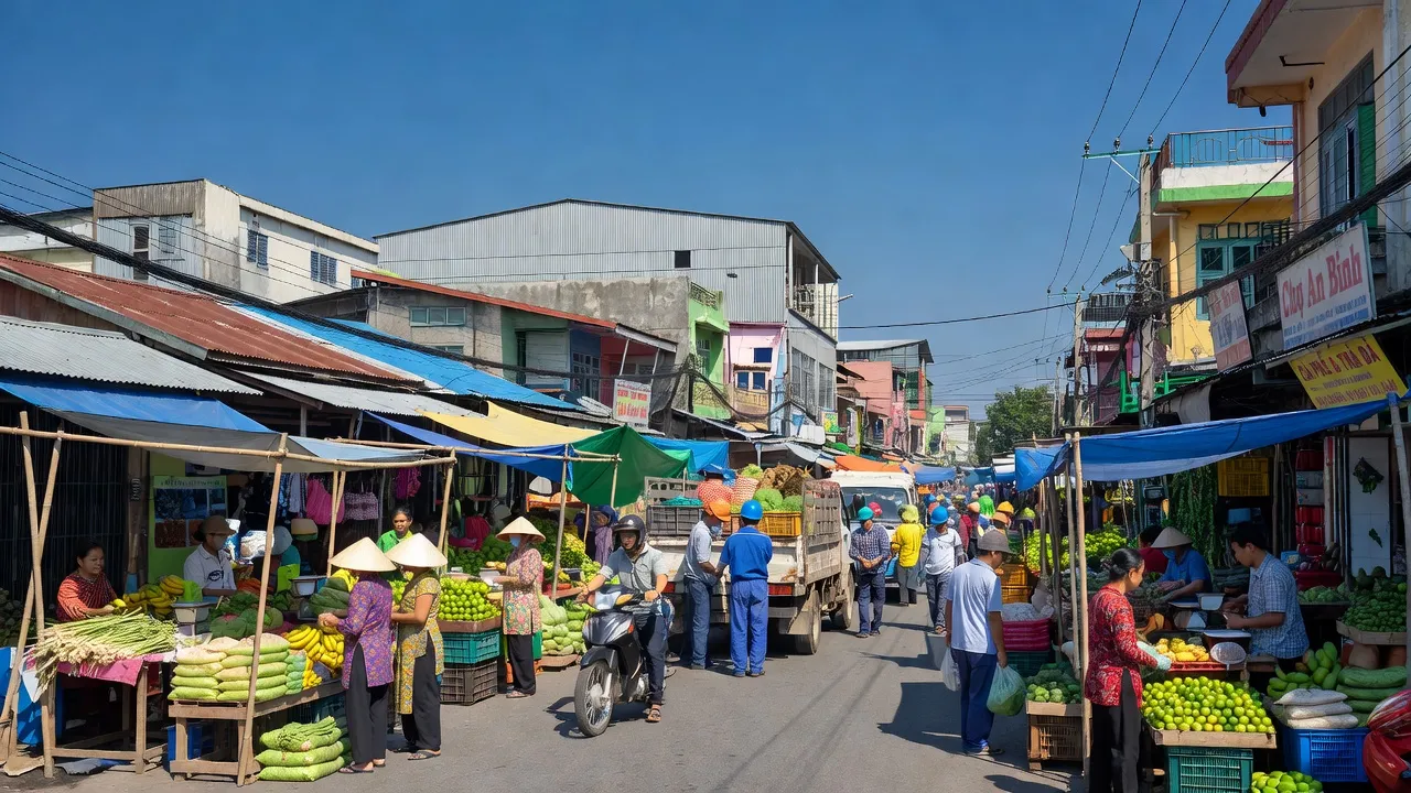 Khung cảnh đường phố nhộn nhịp ở phường An Bình, Biên Hòa với hoạt động sản xuất và đời sống dân cư.