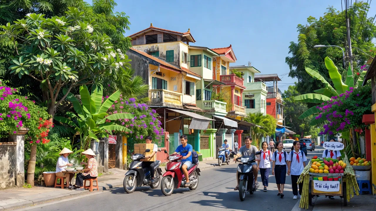 Khung cảnh đường phố sôi động tại Phường Bửu Hòa, Thành phố Biên Hòa, với văn hóa địa phương.